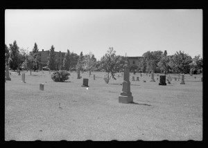 There is one Depression-era photograph of the cemetery in the Library of Congress collection. It was taken in 1939 by John Vachon, a 25-year-old St. Paul, MN native. Vachon was hired by the Farm Security Administration to document living conditions, especially of the poor, during the Depression. The view is of the southwestern section of the cemetery. Note the two buildings in the background; both still exist although the one of the southeast corner of Cedar and Lake is one story shorter. Also note how small the trees were and the systematic planting of trees along the Lake Street edge.