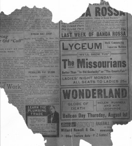 This ad for Wonderland Amusement Park, 31st and Lake Street from 1905 to 1911, was recently found beneath wood siding on a house four blocks away. It was in a July 23, 1908 Minneapolis Journal newspaper.