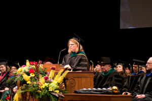 Allina Health president and chief executive Dr. Penny Wheeler delivers the commencement address at the University of Minnesota School of Public Health with several mentions of the Backyard Initiative. Â©Ë'University of Minnesota School of Public Health