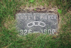 Amos Pierce is the only person of those in the 35 graves in Block 3 Row 1 to have a headstone. His marker serves as a touchstone for finding everyone else in Row 1. The three-link chain on his marker tells us that he was a member of IOOF the International Order of Odd Fellows lodge””the links stand for their motto friendship, love and truth. But there is something wrong with his marker. It gives his death year as 1900 but he died on May 19, 1901. The reason why his stone was never corrected will likely never be known. 